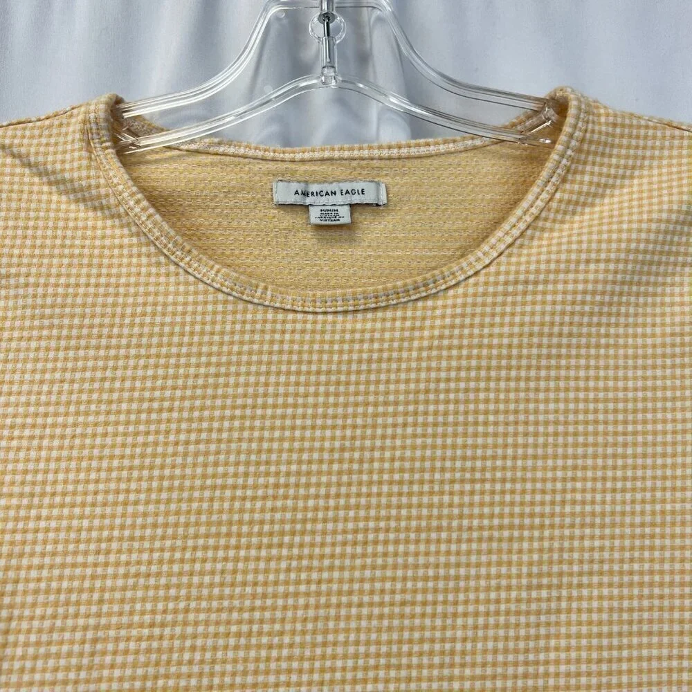 American Eagle Womens Short Sleeve Cropped Tee Yellow/White Gingham Print M